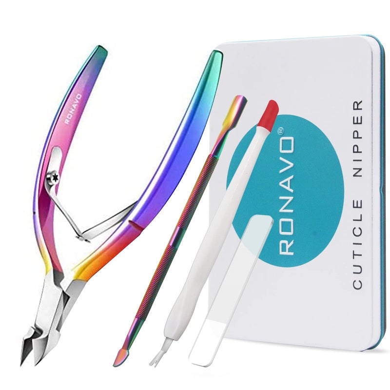RONAVO 4pcs Cuticle Cutter KitCuticle Trimmer with Cuticle Pusher and Nano Glass Nail ShinerRONAVO Cuticle Remover Nippers Stainless Steel Cutter ClippersProfessional Manicure Tools for Home and Salon Use - Image 1