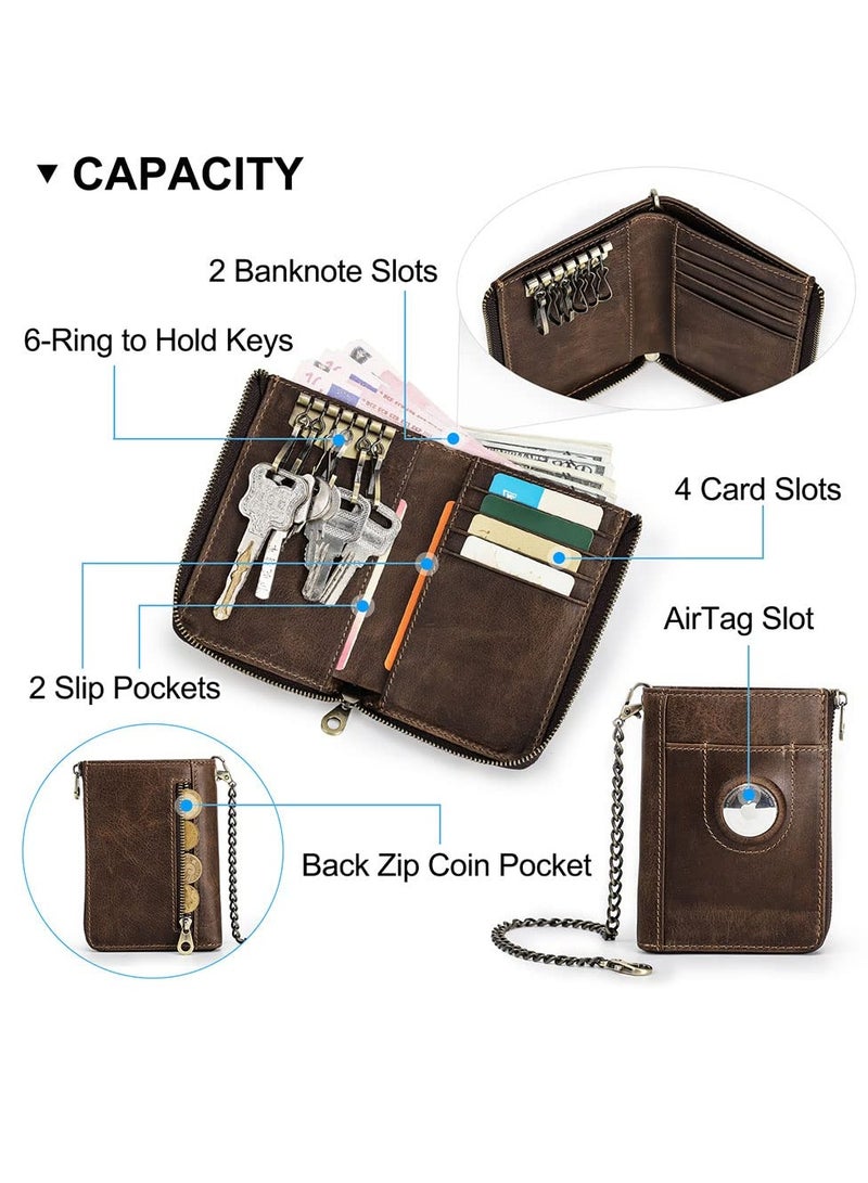 Zikra محفظة رجال مزدوجة الطي بسلسلة جلدية لمحفظة المفاتيح للرجال مع حافظة بطاقة ائتمان رفيعة من جلد PU مع مشبك نقود ومحفظة بسحاب لحفظ العملات وبطاقات الائتمان مع حماية RFID باللون البني - Image 3