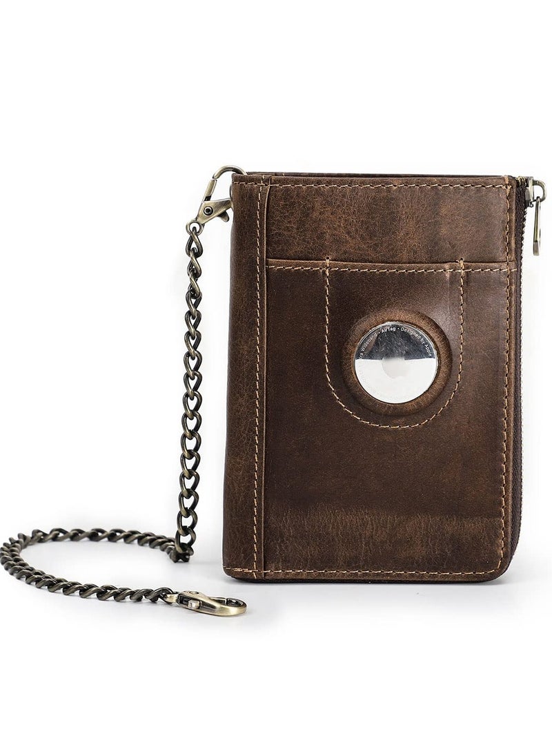 Zikra محفظة رجال مزدوجة الطي بسلسلة جلدية لمحفظة المفاتيح للرجال مع حافظة بطاقة ائتمان رفيعة من جلد PU مع مشبك نقود ومحفظة بسحاب لحفظ العملات وبطاقات الائتمان مع حماية RFID باللون البني - Image 1