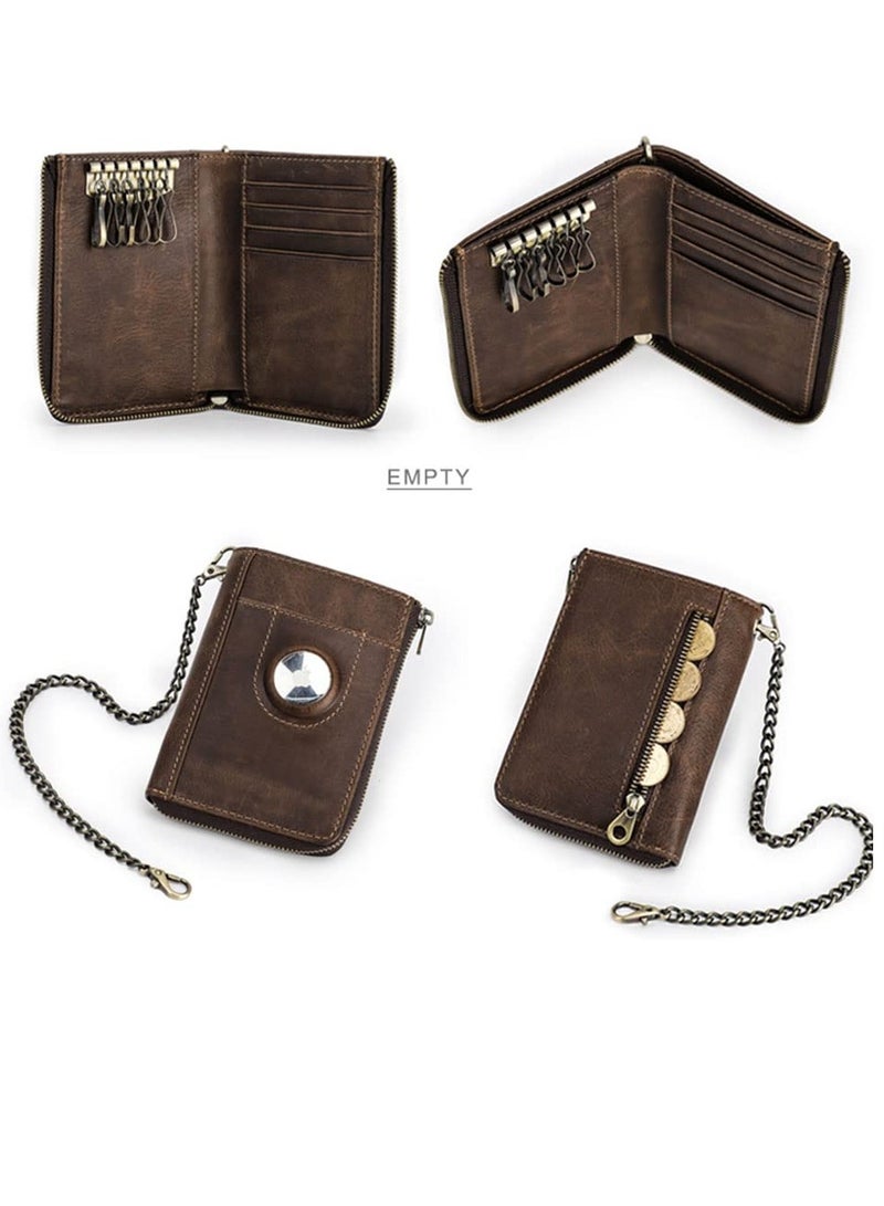 Zikra محفظة رجال مزدوجة الطي بسلسلة جلدية لمحفظة المفاتيح للرجال مع حافظة بطاقة ائتمان رفيعة من جلد PU مع مشبك نقود ومحفظة بسحاب لحفظ العملات وبطاقات الائتمان مع حماية RFID باللون البني - Image 4