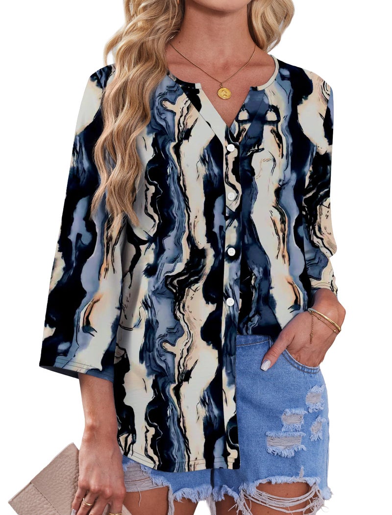 OFEEFAN Shirts for Women Tie Dye Shirt Boho Tops Blouses Dressy Casual 3/4 Length Sleeve Womens Tops Fall Clothes Business Casual Outfits L - Image 3
