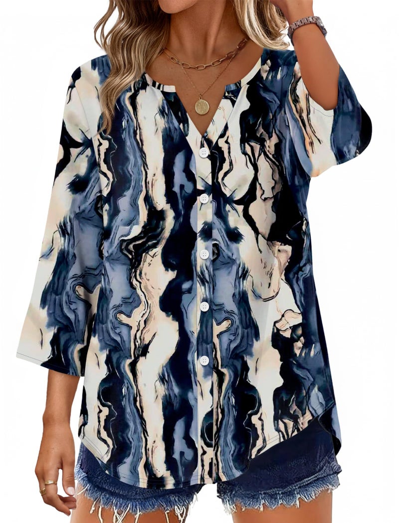 OFEEFAN Shirts for Women Tie Dye Shirt Boho Tops Blouses Dressy Casual 3/4 Length Sleeve Womens Tops Fall Clothes Business Casual Outfits L - Image 1