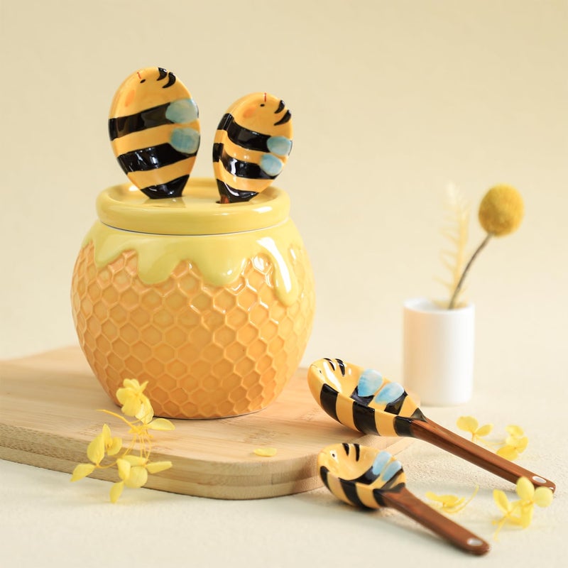 Sizikato 4pcs Porcelain Measuring Spoons with Base, Cute Ceramic Bee Spoons and Honeycomb Cup - Image 3