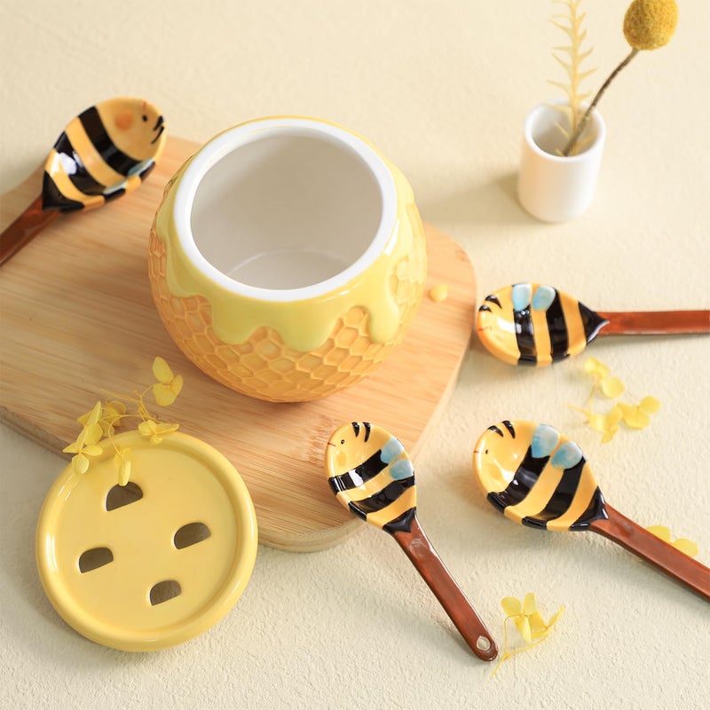 Sizikato 4pcs Porcelain Measuring Spoons with Base, Cute Ceramic Bee Spoons and Honeycomb Cup - Image 2