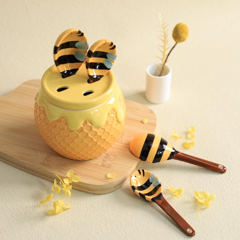 Sizikato 4pcs Porcelain Measuring Spoons with Base, Cute Ceramic Bee Spoons and Honeycomb Cup - Image 4