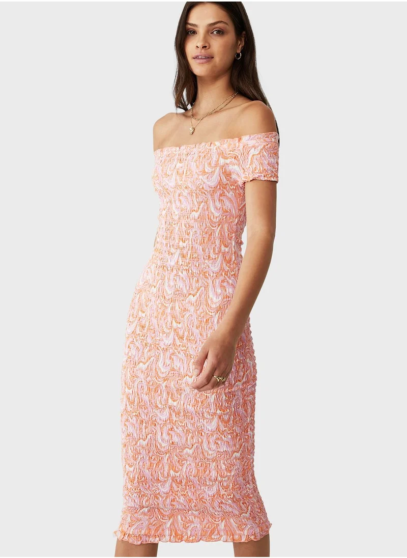 Cotton On Poppy Shirred Midi Bardot Dress