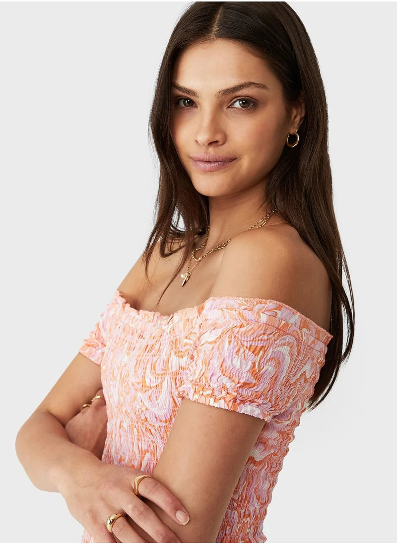 Cotton On Poppy Shirred Midi Bardot Dress