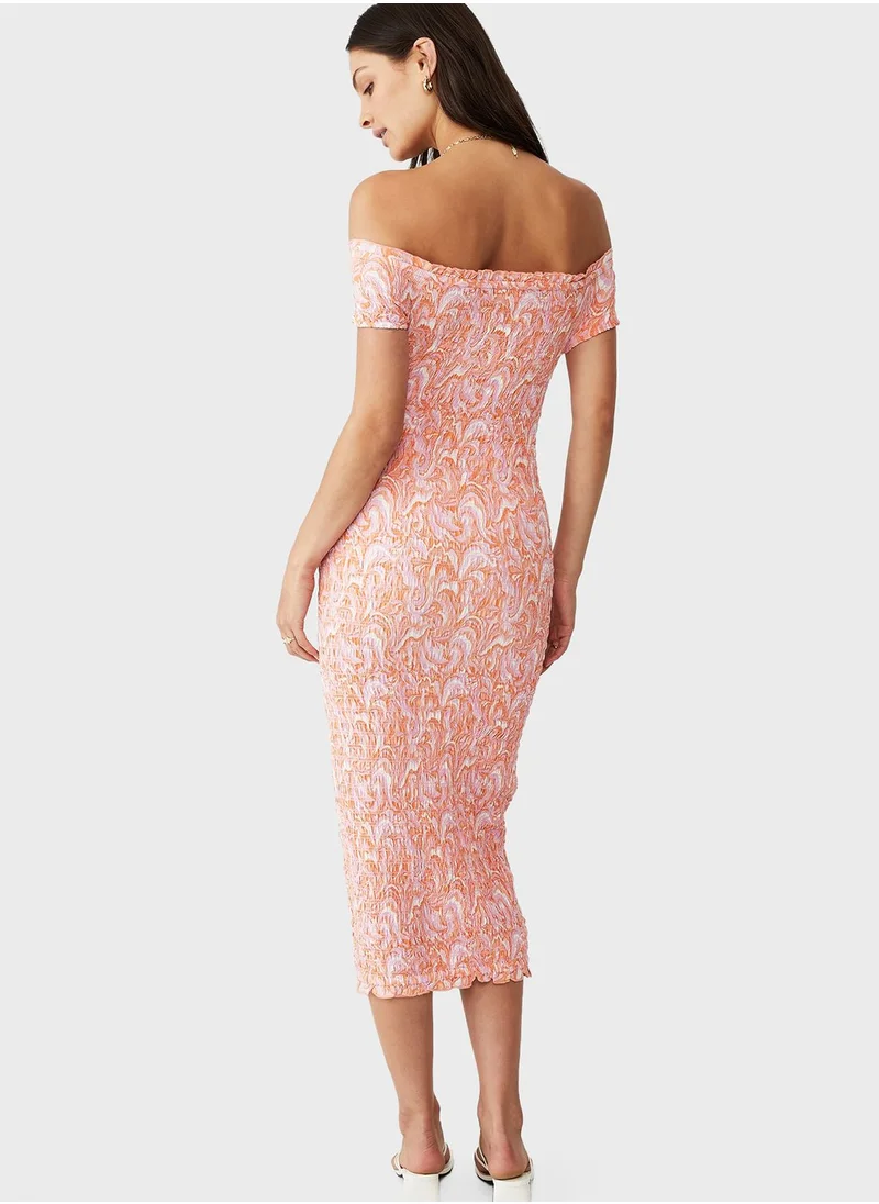 Cotton On Poppy Shirred Midi Bardot Dress