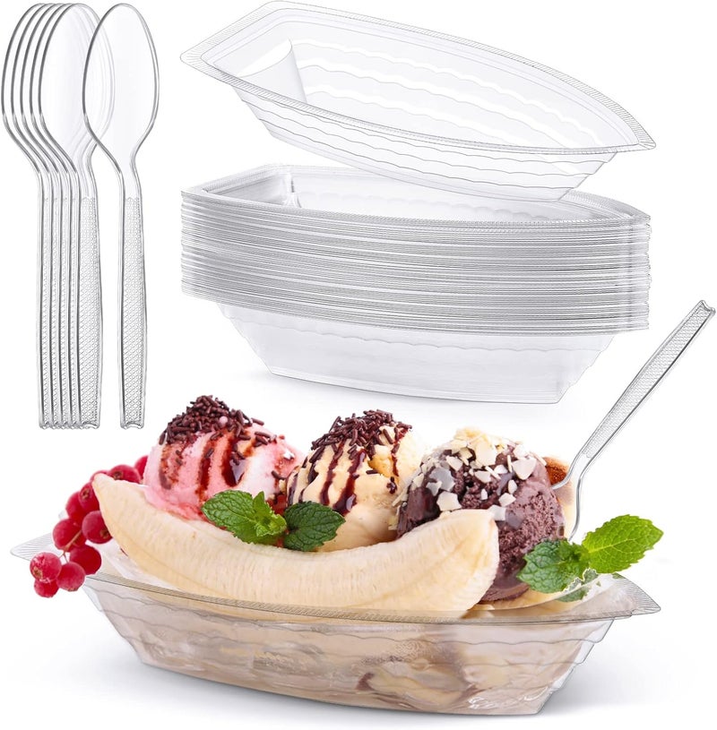 Sieral 32 Pcs 8 Oz Disposable Banana Split Boats with Spoons Clear Plastic Ice Cream Sundae Bowls Banana Split Ice Cream Dishes Dessert Bowls Splits Bowl Tray for Kids Birthday Party - Image 1