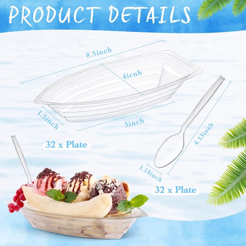 Sieral 32 Pcs 8 Oz Disposable Banana Split Boats with Spoons Clear Plastic Ice Cream Sundae Bowls Banana Split Ice Cream Dishes Dessert Bowls Splits Bowl Tray for Kids Birthday Party - Image 2