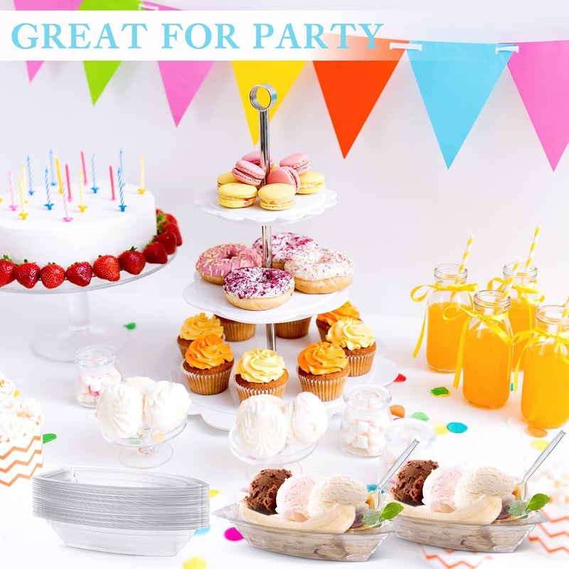 Sieral 32 Pcs 8 Oz Disposable Banana Split Boats with Spoons Clear Plastic Ice Cream Sundae Bowls Banana Split Ice Cream Dishes Dessert Bowls Splits Bowl Tray for Kids Birthday Party - Image 4