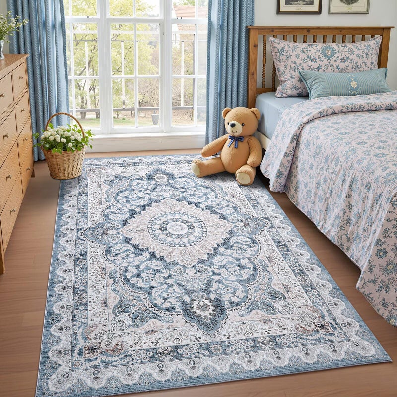 Macgace 3x5 Area Rug for Bedroom, Machine Washable Rugs with Non-Slip Backing for Living Room, Soft Vintage Carpet Kitchen Laundry Kids Room Decor, Blue & Beige - Image 1