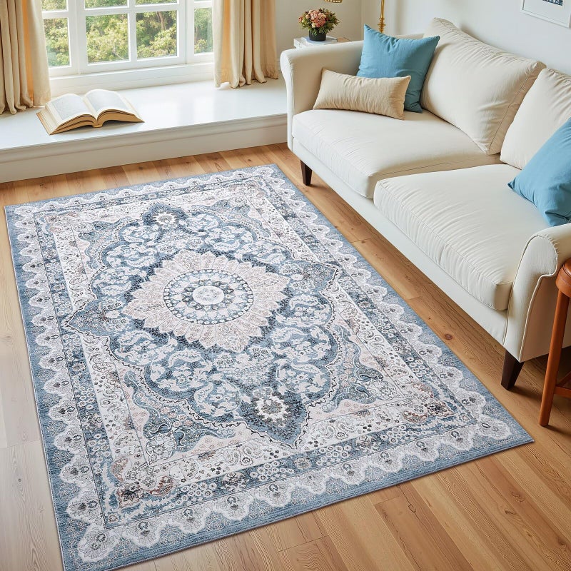 Macgace 3x5 Area Rug for Bedroom, Machine Washable Rugs with Non-Slip Backing for Living Room, Soft Vintage Carpet Kitchen Laundry Kids Room Decor, Blue & Beige - Image 2