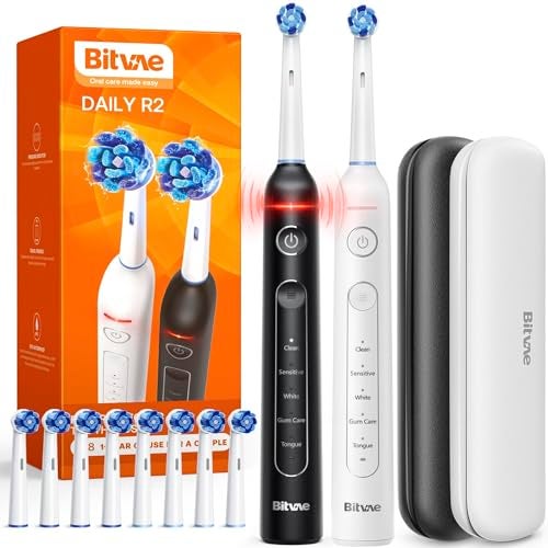 Bitvae Rotating Electric Toothbrush 2 Packs for Adults with Pressure Sensor, Gifts for Men/Women, 5 Modes Rechargeable Power Toothbrush with 8 Brush Heads, Black & White, R2 - Image 1