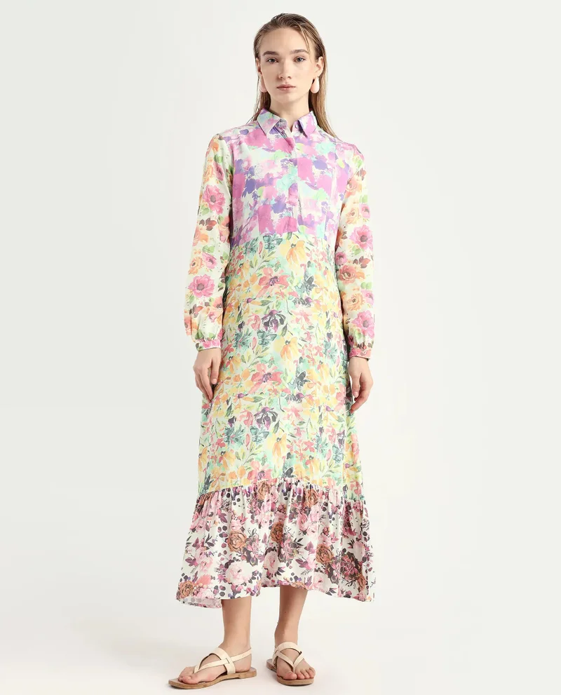 Rareism Women's Intense Floral Print Multi-Print Dress