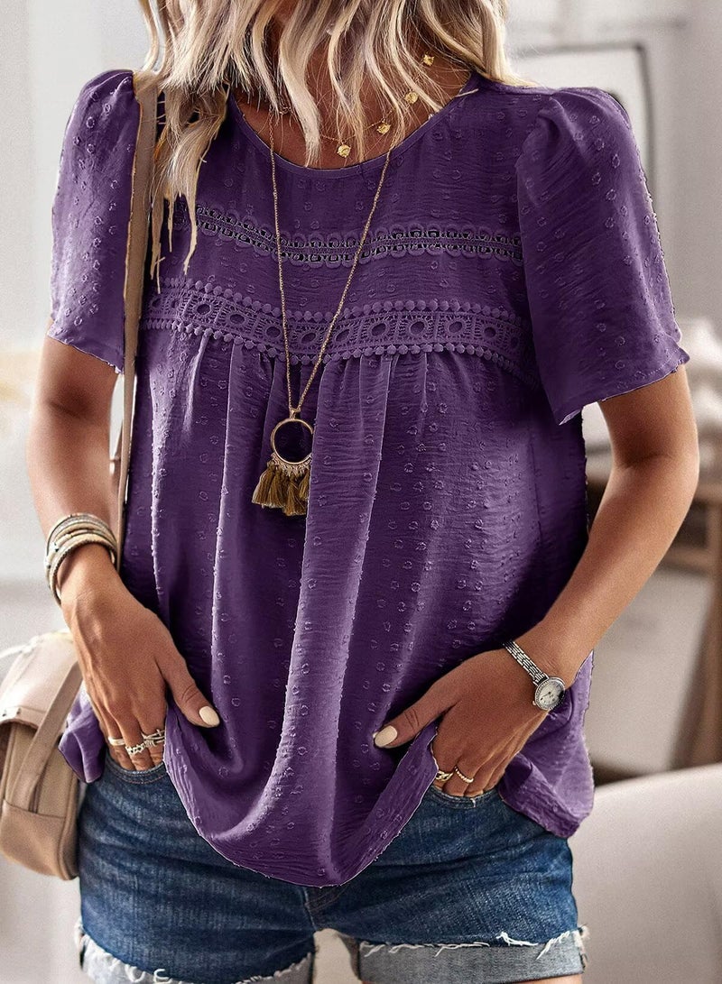 Falechay Dressy Tops Round Neck Flowy Dressy Tunic Tops Babydoll Cute Shirts for Women Loose Pom Pom Short Sleeve Dark Purple Blouses Plus Size Clothes XL - Image 5