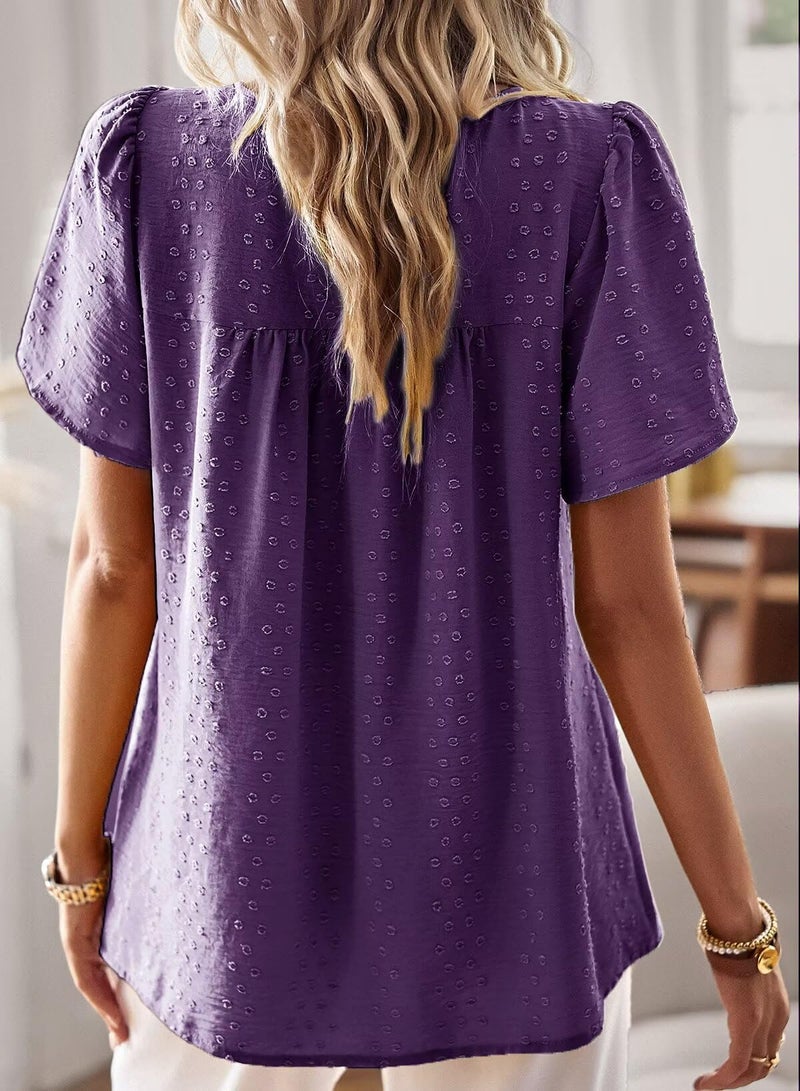 Falechay Dressy Tops Round Neck Flowy Dressy Tunic Tops Babydoll Cute Shirts for Women Loose Pom Pom Short Sleeve Dark Purple Blouses Plus Size Clothes XL - Image 3