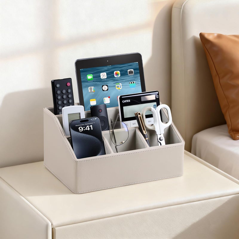 MEIBOOCH PU Leather Desk Organizer, Luxury Remote Control Holder for Home, Office Desk Accessories Table Caddy Bedside Nightstand Organizer (Dark Beige) - Image 3