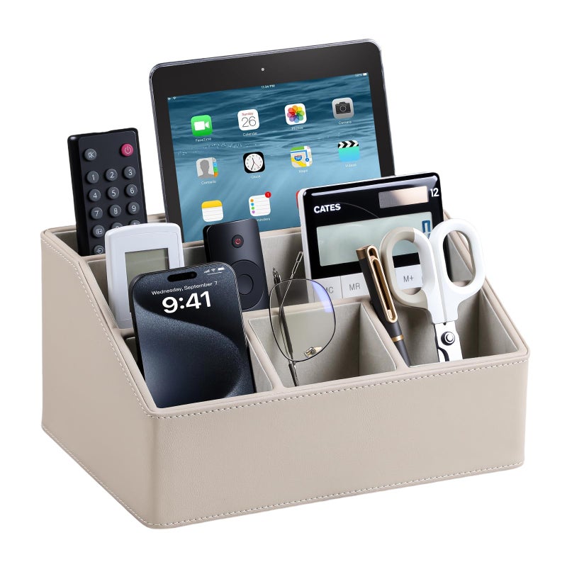 MEIBOOCH PU Leather Desk Organizer, Luxury Remote Control Holder for Home, Office Desk Accessories Table Caddy Bedside Nightstand Organizer (Dark Beige) - Image 1