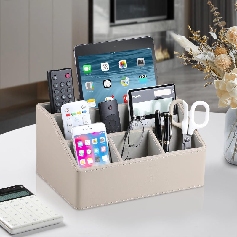 MEIBOOCH PU Leather Desk Organizer, Luxury Remote Control Holder for Home, Office Desk Accessories Table Caddy Bedside Nightstand Organizer (Dark Beige) - Image 2