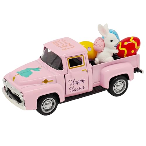 YimiBloss Pink Easter Decorations - Mini Farmhouse Vintage Metal Truck with Easter Eggs & Bunny, Pink Spring Farm-Style Pickup Decor for Table Tiered Tray Home Kitchen Office Keepsake Gifts - Image 1