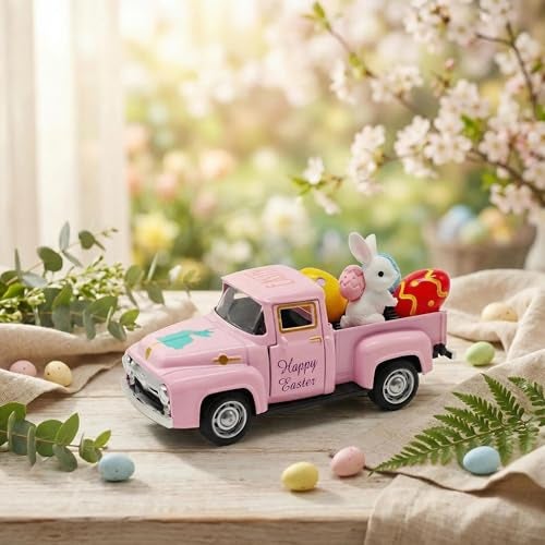 YimiBloss Pink Easter Decorations - Mini Farmhouse Vintage Metal Truck with Easter Eggs & Bunny, Pink Spring Farm-Style Pickup Decor for Table Tiered Tray Home Kitchen Office Keepsake Gifts - Image 2