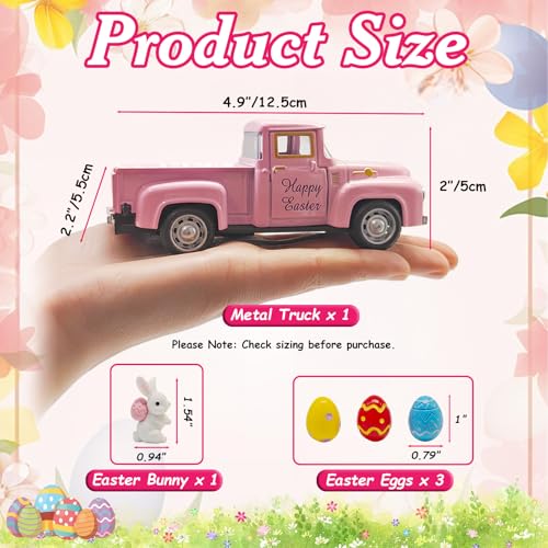 YimiBloss Pink Easter Decorations - Mini Farmhouse Vintage Metal Truck with Easter Eggs & Bunny, Pink Spring Farm-Style Pickup Decor for Table Tiered Tray Home Kitchen Office Keepsake Gifts - Image 3
