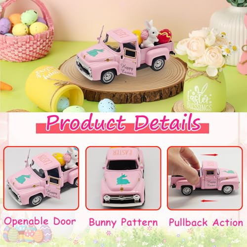 YimiBloss Pink Easter Decorations - Mini Farmhouse Vintage Metal Truck with Easter Eggs & Bunny, Pink Spring Farm-Style Pickup Decor for Table Tiered Tray Home Kitchen Office Keepsake Gifts - Image 4