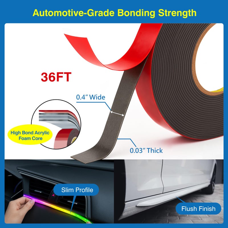 Tapsi Double Sided Tape Heavy Duty, Automotive-Grade Foam Mounting Tape 0.4in x 36ft with Adhesion Promoters for Plastic, Car Trim & LED Strip Lights - Image 2