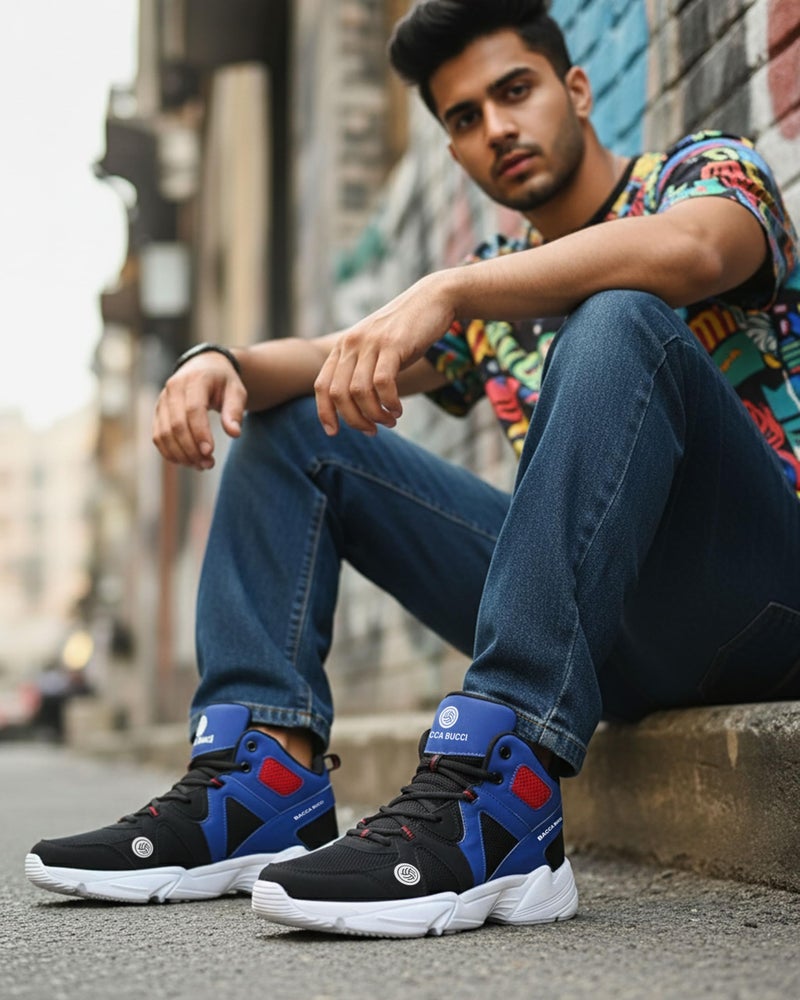 Bacca Bucci® Men's Caper High Top Men Sneakers with Anti Slip Sole & Breathable Upper- Blue/Black, Size UK8 - Image 2
