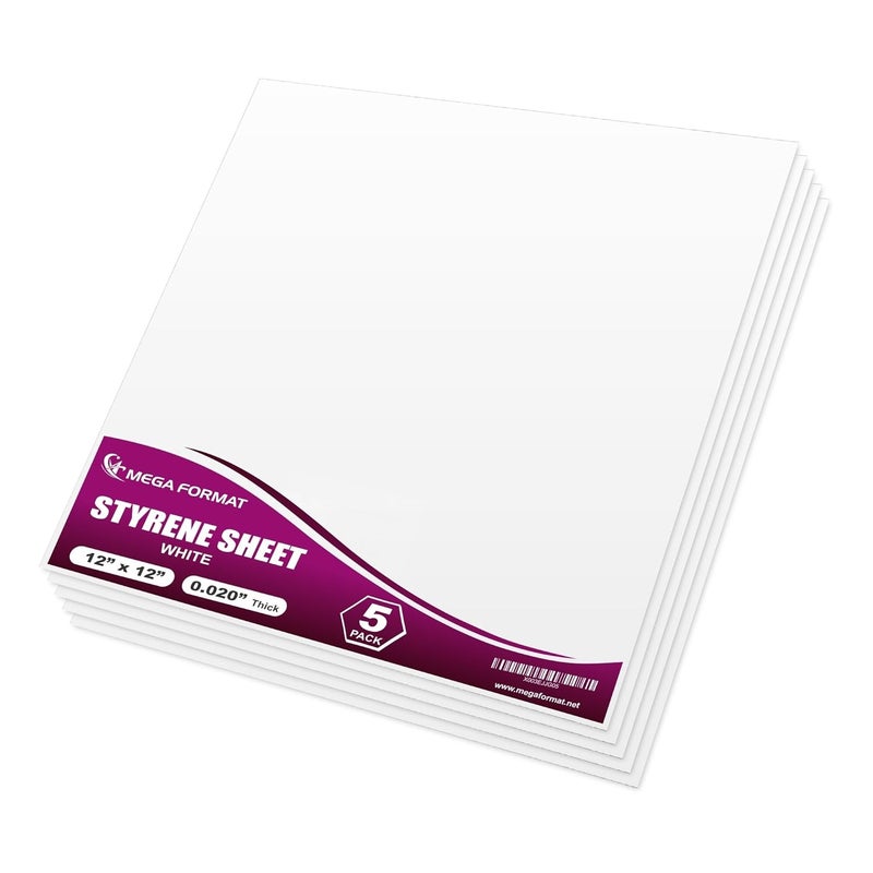 MEGA FORMAT White Polystyrene Flexible Plastic Board Sheet 12" x 12" (.020 Thick) Styrene Sheet, Ideal for Modeling Projects, Displays, Plastic Sheets for Crafts, Styrene Sheets Durable Plastic Sheet (5-Pack) - Image 1