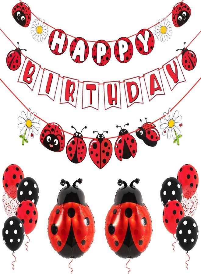 Pirese Ladybug Birthday Decorations, Ladybug Party Banner with Balloons, Pre-Strung Happy Birthday Decor Kit - Image 1