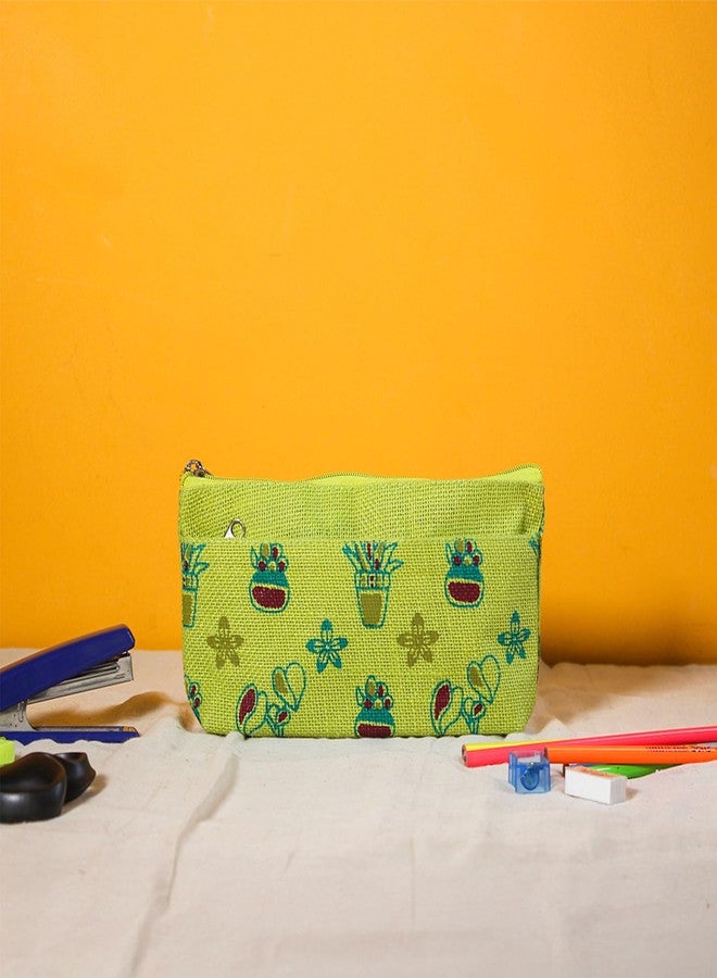 Jute Cottage Eco-Friendly Plant Print Pencil Pouch for Kids | Natural Jute Stationery Organizer with Smooth Zip | Durable, Lightweight & Travel-Friendly | Ideal Return Gift & (Green) - Image 3