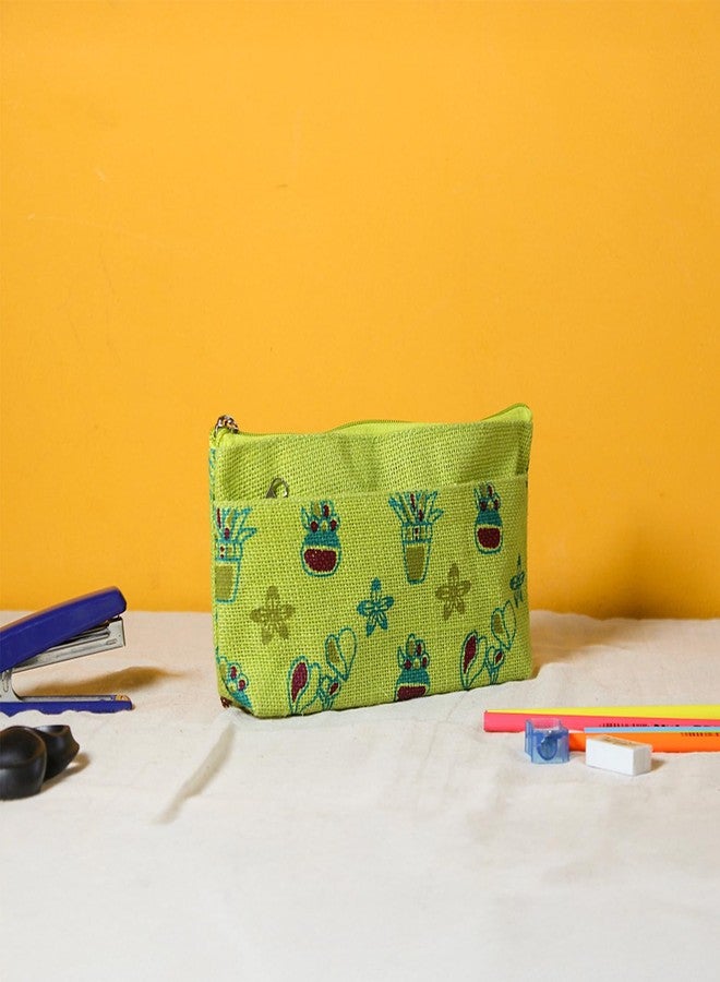 Jute Cottage Eco-Friendly Plant Print Pencil Pouch for Kids | Natural Jute Stationery Organizer with Smooth Zip | Durable, Lightweight & Travel-Friendly | Ideal Return Gift & (Green) - Image 2
