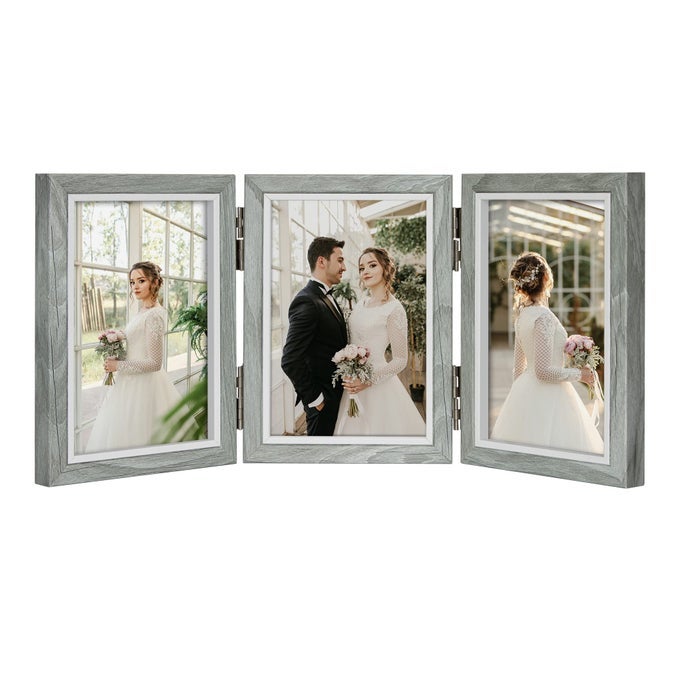 4X6 PICTURE FRAME COLLAGE 3 PICTURE FRAMES WITH REAL GLASS GREY WOOD FOLDABLE PHOTO FRAMES FOR WALL TABLETOP DISPLAY GIFT FOR MOM DAD GRANDMA FAMILY FRIENDS