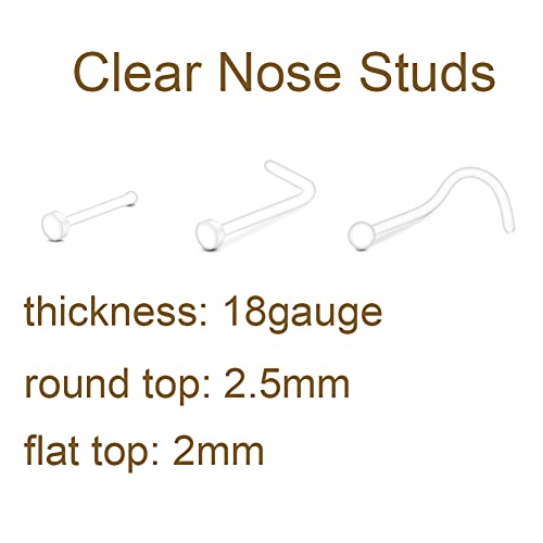 MODRSA Clear Nose Rings Studs Nose Retainer Flexible L-Shape Nose Bone Pin Screw Nostril Piercing Retainer for Work Surgery Round and Flat Top 18g - Image 2