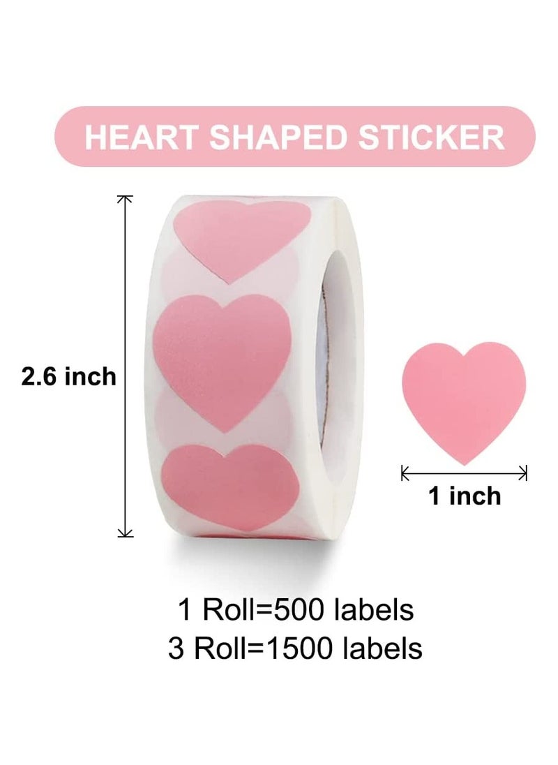 Generic - 1500 Labels Pink Heart Stickers 1 inch Heart Coding Shape Paper Labels for Wedding Anniversaries Invitation Envelopes C ute Decals for Water Bottle Packaging3 Pcs/500 Per Roll - Image 1