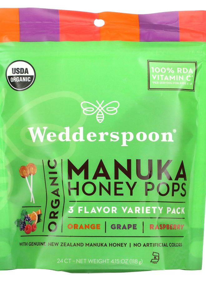 Wedderspoon Organic Manuka Honey Pops 3 Flavor Variety Pack 24 Count 4.15 oz (118 g)