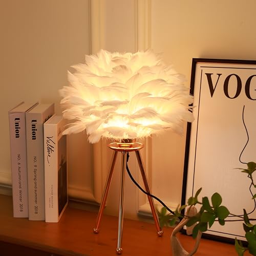 HOME ELEMENTS Modern Feather Shade LED Table Lamp with Tripod Stand, Night Lamp for Bedroom Living Room Home Decor Warm Light Classic Bedside Desk Lamp Study Lamp Nightstand Lamp (White) - Image 2