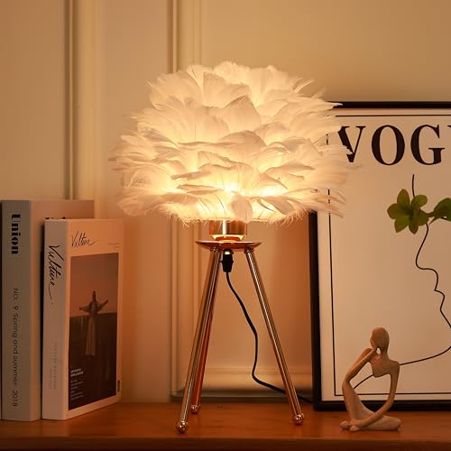 HOME ELEMENTS Modern Feather Shade LED Table Lamp with Tripod Stand, Night Lamp for Bedroom Living Room Home Decor Warm Light Classic Bedside Desk Lamp Study Lamp Nightstand Lamp (White) - Image 1