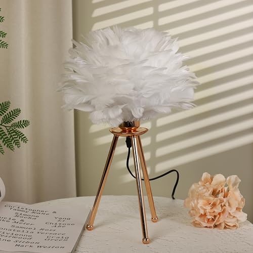 HOME ELEMENTS Modern Feather Shade LED Table Lamp with Tripod Stand, Night Lamp for Bedroom Living Room Home Decor Warm Light Classic Bedside Desk Lamp Study Lamp Nightstand Lamp (White) - Image 3