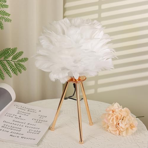 HOME ELEMENTS Modern Feather Shade LED Table Lamp with Tripod Stand, Night Lamp for Bedroom Living Room Home Decor Warm Light Classic Bedside Desk Lamp Study Lamp Nightstand Lamp (White) - Image 4
