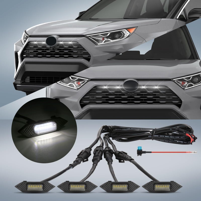 أضواء الشبكة FICOLPO 4 قطع متوافقة مع RAV4 هايبرد 2019 2020 2021 2022 2023 2024 LE XLE XLE بريميوم SE XSE ليمتد مع ملحقات أضواء الشبكة الأمامية LED مع أسلاك الفيوز البيضاء