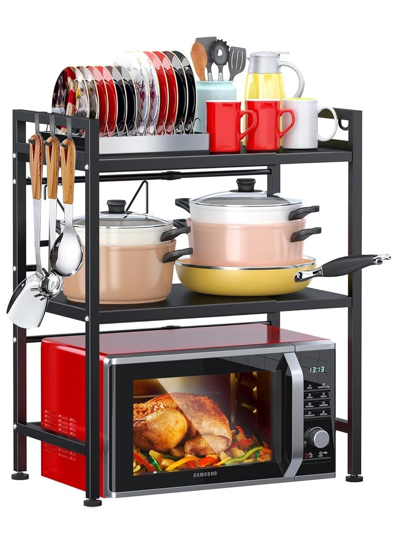 AUTOYSUR حامل ميكروويف، رف ميكروويف مكون من طبقتين مع 6 خطافات، رف ميكروويف قابل للتمدد أفقيًا، منظم طاولة المطبخ لفرن المحمصة وطباخ الأرز - Image 1