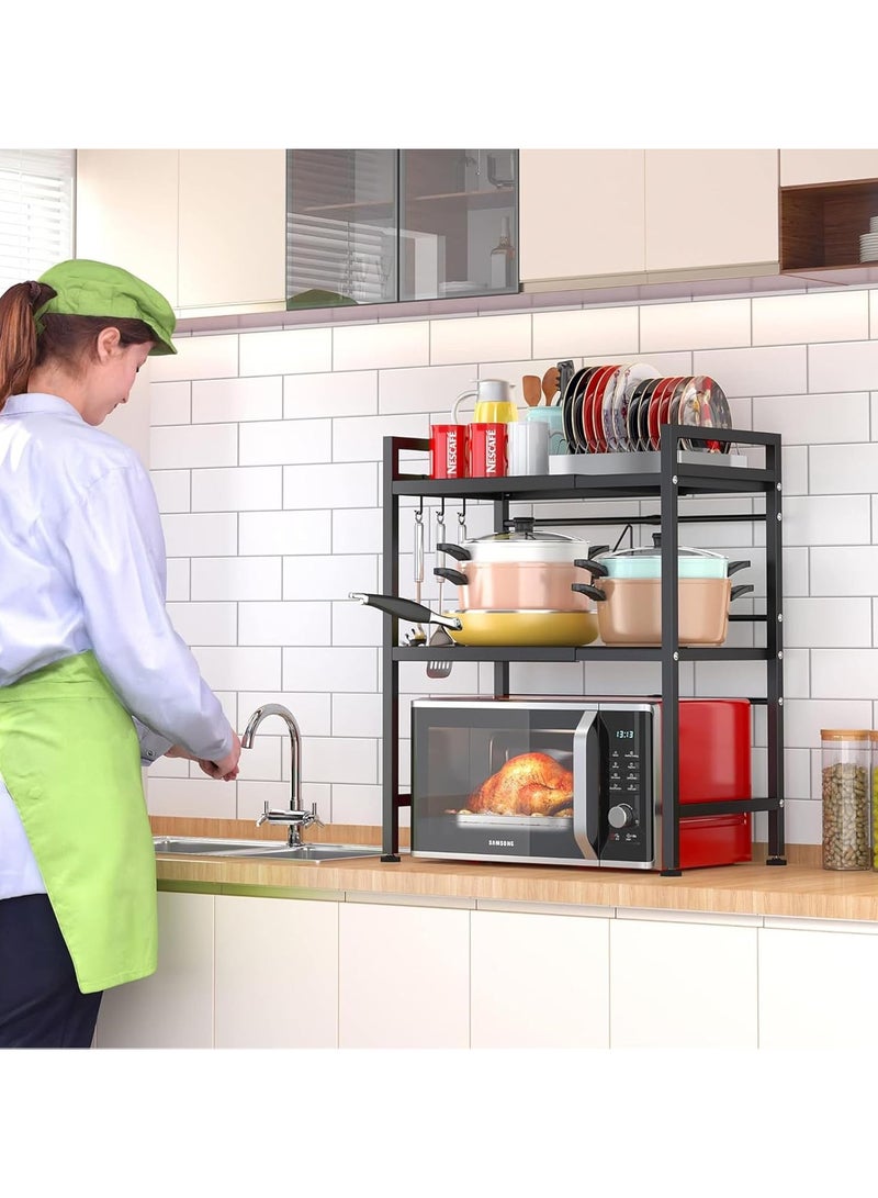 AUTOYSUR حامل ميكروويف، رف ميكروويف مكون من طبقتين مع 6 خطافات، رف ميكروويف قابل للتمدد أفقيًا، منظم طاولة المطبخ لفرن المحمصة وطباخ الأرز - Image 5