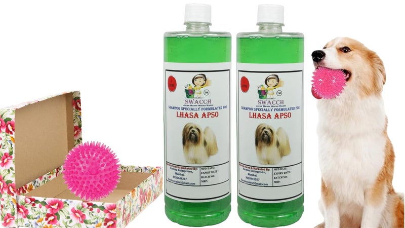 swacch Shampoo | Puppy Safe Shampoo | PH Balanced | Ditch to Itch for Lhasa Apso Dog Shampoo 2 Litre (Neem Alovera) + Spike Ball Chew Toy Combo Pack - Image 1