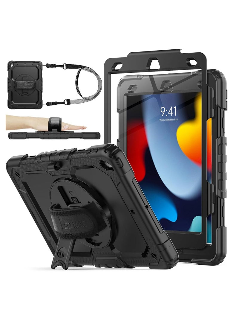 iPad 9th / 8th / 7th Generation 10.2'' with Screen Protector Pencil Holder, 360° Rotating Stand Shoulder Strap Protective Case for iPad 10.2 inch (2021/2020/2019), Black - Image 1