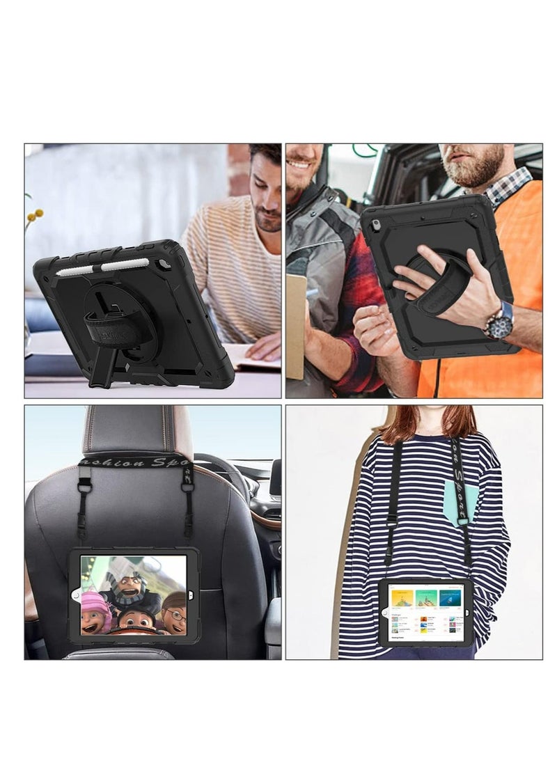 iPad 9th / 8th / 7th Generation 10.2'' with Screen Protector Pencil Holder, 360° Rotating Stand Shoulder Strap Protective Case for iPad 10.2 inch (2021/2020/2019), Black - Image 2