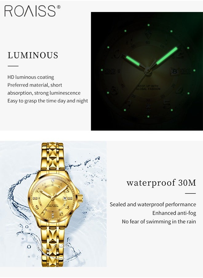 roaiss - Stainless Steel Strap Couple Quartz Watch Set, Analog Display Round Dial with Rhinestones Decoration, Luxurious Luminous Waterproof Calendar Watch Gift for Men Women, Gold - Image 1