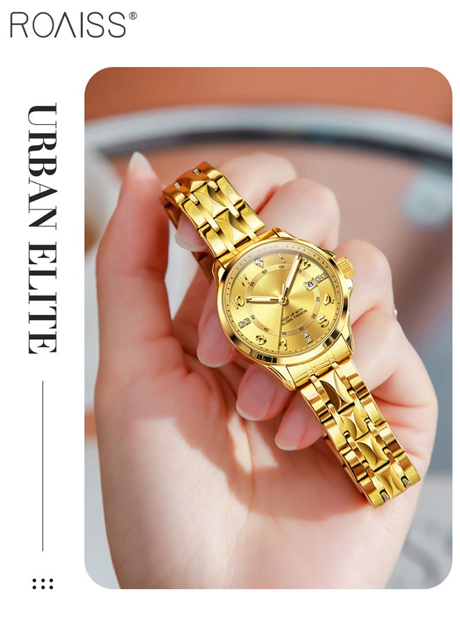 roaiss - Stainless Steel Strap Couple Quartz Watch Set, Analog Display Round Dial with Rhinestones Decoration, Luxurious Luminous Waterproof Calendar Watch Gift for Men Women, Gold - Image 1